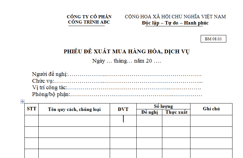 Mẫu phiếu đề xuất hàng hóa, dịch vụ